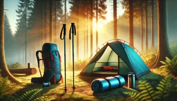 dall e 2024 06 14 10.21.58 create a third visual image featuring ultralight trekking poles a backpack tent and a waterproof camping sleeping bag. the scene should depict an ea
