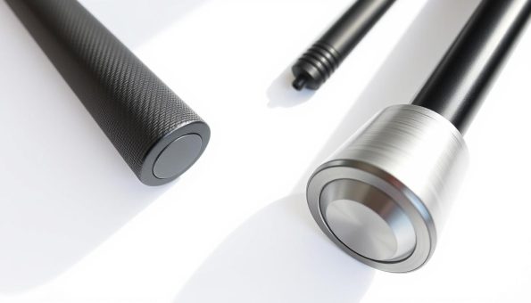 A highly detailed, photorealistic comparison of carbon fiber and aluminum trekking poles, shot on a clean white background with natural lighting from the left. The poles are arranged in a side-by-side layout, showcasing their distinct materiality, weight, and design features. The carbon fiber pole has a matte, uniform surface with a subtle weave pattern, while the aluminum pole has a brushed metallic finish with visible seams. Zoom in to reveal the intricate textures and precise manufacturing of each pole, allowing viewers to clearly discern the key differences between the two materials.