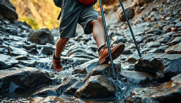 Backpacker using aluminum hiking poles while crossing a rocky stream showing durability advantage
