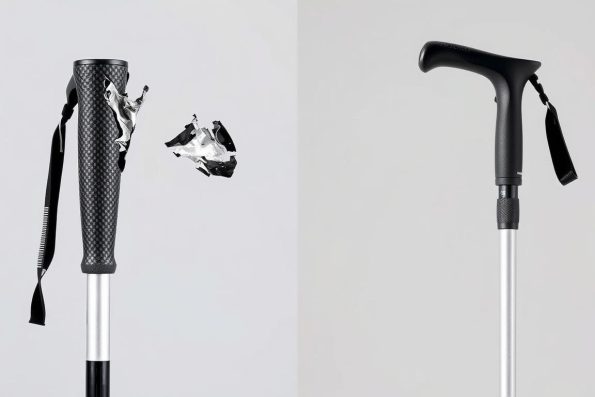Broken carbon fiber hiking pole showing clean fracture compared to bent aluminum pole