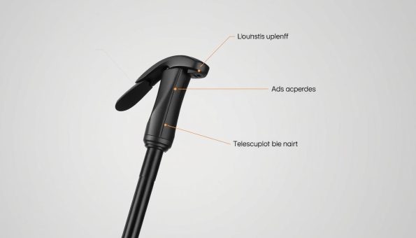 Detailed adjustable trekking pole features, showcased in a clean, technical illustration. Crisp lighting from the left illuminates the various adjustment mechanisms - telescoping shaft, locking cam, and rubber grip - in high fidelity. The pole is positioned at a slight angle, revealing its carbon fiber construction and sleek, ergonomic design. A neutral background emphasizes the product's key attributes. Captured with a shallow depth of field, drawing the viewer's attention to the functional details that enable the pole's versatility and durability. Detailed adjustable trekking pole features, showcased in a clean, technical illustration. Crisp lighting from the left illuminates the various adjustment mechanisms - telescoping shaft, locking cam, and rubber grip - in high fidelity. The pole is positioned at a slight angle, revealing its carbon fiber construction and sleek, ergonomic design. A neutral background emphasizes the product's key attributes. Captured with a shallow depth of field, drawing the viewer's attention to the functional details that enable the pole's versatility and durability.