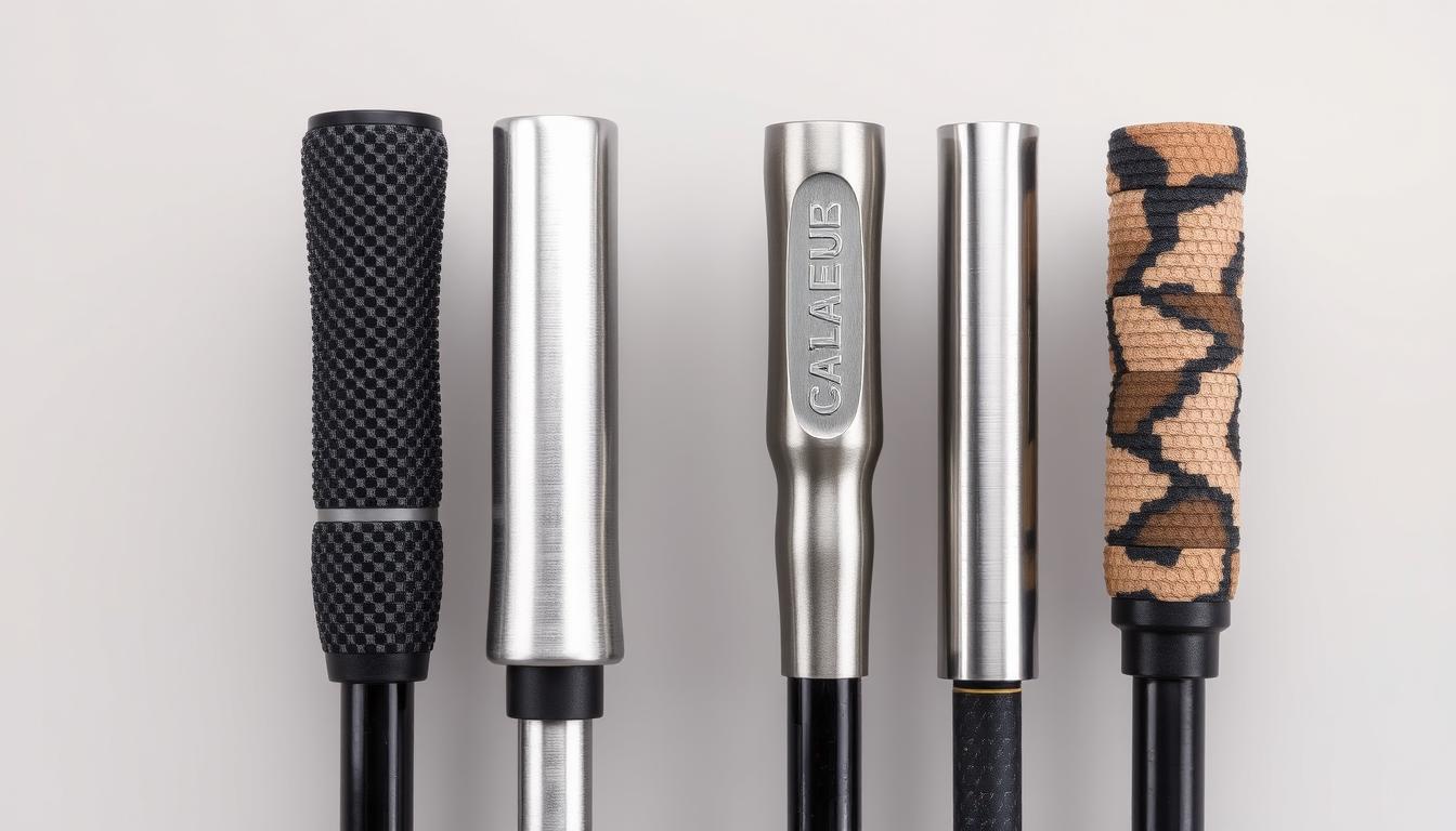 Four different hiking pole materials displayed side by side showing carbon fiber, aluminum, titanium, and composite poles