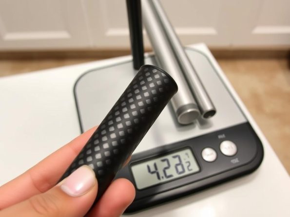 Hand holding carbon fiber hiking pole on a digital scale showing its lightweight properties compared to other materials