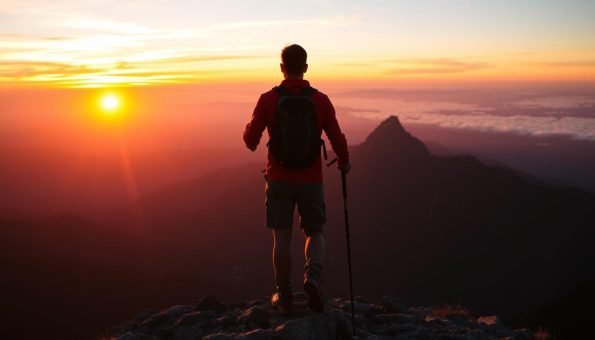 Hiker enjoying a sunset view with carbon fiber hiking poles on a mountain summit