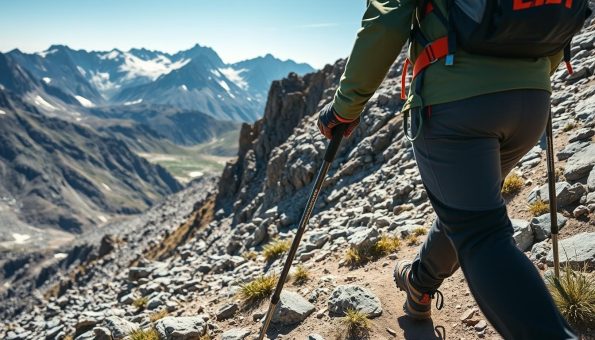 Hiker using carbon fiber hiking poles on a steep alpine trail showing practical application