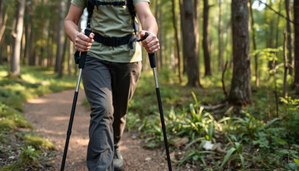 Novice hiker learning proper trekking pole technique with aluminum poles