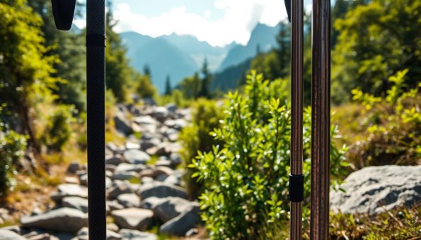 Outdoor scene showcasing hiking pole materials. In the foreground, two hiking poles stand side-by-side - one made of carbon fiber, the other of aluminum. The carbon fiber pole has a sleek, glossy finish, while the aluminum pole has a more rugged, matte appearance. The middle ground features a rocky trail winding through lush, verdant foliage. Soft, diffused natural lighting illuminates the scene, casting subtle shadows and highlights that accentuate the textures of the materials. The background depicts a majestic mountain range, its peaks obscured by wispy clouds. The overall composition conveys a sense of adventure, durability, and the importance of choosing the right trekking pole materials.