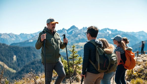 Professional hiking guide demonstrating proper carbon fiber hiking pole technique to a group