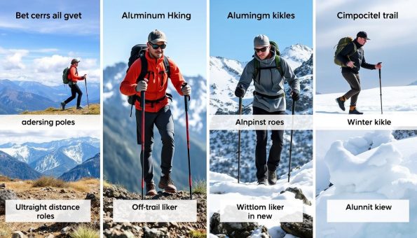 Various hikers using different types of trekking poles based on their specific needs
