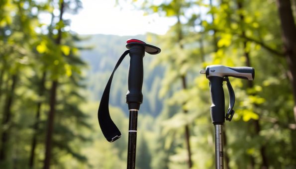 A close-up comparison of a carbon fiber and an aluminum trekking pole, set against a natural backdrop. In the foreground, the poles are displayed side-by-side, their distinct materials and construction evident. The carbon fiber pole has a sleek, high-tech appearance, while the aluminum pole has a more rugged, utilitarian look. In the middle ground, a lush forest landscape unfolds, with dappled sunlight filtering through the trees. The overall scene conveys a sense of outdoor adventure and the importance of selecting the right equipment for the terrain. Crisp, realistic lighting and a shallow depth of field draw the viewer's focus to the central poles, highlighting their unique qualities. A close-up comparison of a carbon fiber and an aluminum trekking pole, set against a natural backdrop. In the foreground, the poles are displayed side-by-side, their distinct materials and construction evident. The carbon fiber pole has a sleek, high-tech appearance, while the aluminum pole has a more rugged, utilitarian look. In the middle ground, a lush forest landscape unfolds, with dappled sunlight filtering through the trees. The overall scene conveys a sense of outdoor adventure and the importance of selecting the right equipment for the terrain. Crisp, realistic lighting and a shallow depth of field draw the viewer's focus to the central poles, highlighting their unique qualities.