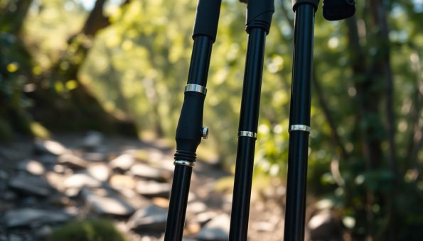 A close-up shot of a pair of carbon fiber trekking poles with quick lock adjustable mechanisms, set against a blurred natural backdrop of lush foliage and a rocky trail. The poles have a sleek, modern design with matte black finish and silver accents, showcasing their lightweight yet durable construction. Dramatic side lighting casts dramatic shadows, highlighting the intricate engineering and attention to detail. The image conveys a sense of adventure, functionality, and the high-performance capabilities of these trekking poles for outdoor enthusiasts.
