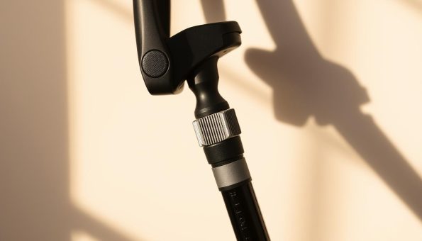 A close-up view of a 3k carbon fiber trekking pole, highlighting the quick lock adjustment mechanism. The pole is held in a neutral, upright position against a plain, neutral background, allowing the user to clearly see the locking mechanism. Warm, natural lighting creates gentle shadows, emphasizing the contours and materials. The focus is sharp, capturing intricate details of the adjustment system, including the knurled locking ring and the sliding inner shaft. The overall mood is one of simplicity and functionality, showcasing the elegant design and intuitive usability of the trekking pole. A close-up view of a 3k carbon fiber trekking pole, highlighting the quick lock adjustment mechanism. The pole is held in a neutral, upright position against a plain, neutral background, allowing the user to clearly see the locking mechanism. Warm, natural lighting creates gentle shadows, emphasizing the contours and materials. The focus is sharp, capturing intricate details of the adjustment system, including the knurled locking ring and the sliding inner shaft. The overall mood is one of simplicity and functionality, showcasing the elegant design and intuitive usability of the trekking pole.