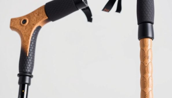 A close-up view of a pair of foam grips and cork trekking poles, shot with a crisp, high-resolution lens in soft, even lighting. The foam grips are textured and ergonomic, while the cork poles have a natural, organic aesthetic. The scene is set against a plain, neutral background to emphasize the product details. The composition highlights the contrasting materials and features, showcasing their durability, comfort, and suitability for outdoor adventure. The image conveys a sense of ruggedness and practicality, aligning with the "Key Features Breakdown" section of the "Quick Lock Carbon Fiber Trekking Poles for Adventure" article. A close-up view of a pair of foam grips and cork trekking poles, shot with a crisp, high-resolution lens in soft, even lighting. The foam grips are textured and ergonomic, while the cork poles have a natural, organic aesthetic. The scene is set against a plain, neutral background to emphasize the product details. The composition highlights the contrasting materials and features, showcasing their durability, comfort, and suitability for outdoor adventure. The image conveys a sense of ruggedness and practicality, aligning with the "Key Features Breakdown" section of the "Quick Lock Carbon Fiber Trekking Poles for Adventure" article.