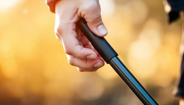 A close-up view of a person's hands adjusting the length of a sturdy, grey carbon fiber hiking pole. The pole's adjustable locking mechanism is visible, with the person's fingers deftly manipulating the twist-lock to extend or shorten the pole's length. The background is blurred, putting the focus on the intricate details of the pole's adjustment system. Warm, natural lighting illuminates the scene, creating a sense of tactile engagement and practical utility. The image conveys the user-friendly, customizable nature of the hiking pole, highlighting its key features for an optimal hiking experience. A close-up view of a person's hands adjusting the length of a sturdy, grey carbon fiber hiking pole. The pole's adjustable locking mechanism is visible, with the person's fingers deftly manipulating the twist-lock to extend or shorten the pole's length. The background is blurred, putting the focus on the intricate details of the pole's adjustment system. Warm, natural lighting illuminates the scene, creating a sense of tactile engagement and practical utility. The image conveys the user-friendly, customizable nature of the hiking pole, highlighting its key features for an optimal hiking experience.