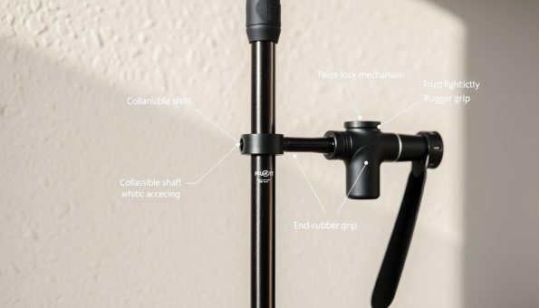 A close-up view of the adjustable features on a carbon fiber trekking pole, illuminated by soft, diffused natural lighting. The pole is positioned against a minimalist, textured background that accentuates its sleek, modern design. The prompt highlights the key functional elements, such as the collapsible shaft, twist-lock mechanism, and rubber grip, showcasing the thoughtful engineering and attention to detail that make this trekking pole suitable for adventure seekers. The overall mood is one of refined functionality and rugged durability, conveying the high-quality craftsmanship of this outdoor equipment.