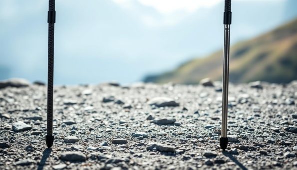 A comparative visualization of shock absorption properties between carbon fiber and aluminum trekking poles. In the foreground, two identical trekking poles, one made of carbon fiber and the other of aluminum, are shown side-by-side. The poles are positioned at a slight angle, casting dynamic shadows that emphasize their materials. In the middle ground, a textured ground plane, perhaps a rocky trail surface, provides context. The background features a blurred, atmospheric landscape, hinting at the outdoor environment where these poles would be used. Soft, directional lighting accentuates the unique visual characteristics of each material, with the carbon fiber pole having a subtle luster and the aluminum pole exhibiting a more matte finish. The overall scene conveys a sense of technical analysis and comparison, suitable for illustrating the key differences between these trekking pole materials. A comparative visualization of shock absorption properties between carbon fiber and aluminum trekking poles. In the foreground, two identical trekking poles, one made of carbon fiber and the other of aluminum, are shown side-by-side. The poles are positioned at a slight angle, casting dynamic shadows that emphasize their materials. In the middle ground, a textured ground plane, perhaps a rocky trail surface, provides context. The background features a blurred, atmospheric landscape, hinting at the outdoor environment where these poles would be used. Soft, directional lighting accentuates the unique visual characteristics of each material, with the carbon fiber pole having a subtle luster and the aluminum pole exhibiting a more matte finish. The overall scene conveys a sense of technical analysis and comparison, suitable for illustrating the key differences between these trekking pole materials.