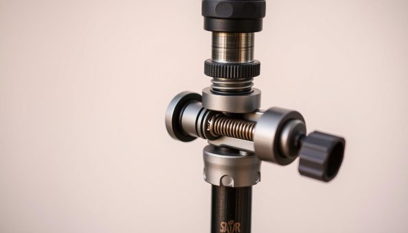 A detailed close-up view of an adjustable trekking pole mechanism, showcasing its inner workings and locking system. The mechanism is illuminated by soft, even lighting, captured from a slightly elevated angle to provide a clear, unobstructed view. The focus is sharp, highlighting the intricate metallic components, springs, and adjustment knobs that allow for precise length customization. The background is blurred, keeping the attention solely on the technical details of this essential hiking gear. The overall mood is one of precision engineering and functional design. A detailed close-up view of an adjustable trekking pole mechanism, showcasing its inner workings and locking system. The mechanism is illuminated by soft, even lighting, captured from a slightly elevated angle to provide a clear, unobstructed view. The focus is sharp, highlighting the intricate metallic components, springs, and adjustment knobs that allow for precise length customization. The background is blurred, keeping the attention solely on the technical details of this essential hiking gear. The overall mood is one of precision engineering and functional design.