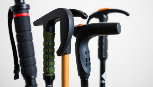 A detailed close-up view of various trekking pole grip options, showcasing their ergonomic designs and materials. The grips are displayed against a clean, minimalist background, allowing the viewer to focus on their unique features. The image is captured with a high-resolution camera, using soft, diffused lighting to highlight the textures and contours of the grips. The angle is slightly elevated, providing an informative perspective that emphasizes the differences in grip shape, size, and texture. The overall mood is one of functionality and attention to detail, reflecting the importance of choosing the right grip for a comfortable and efficient trekking experience. A detailed close-up view of various trekking pole grip options, showcasing their ergonomic designs and materials. The grips are displayed against a clean, minimalist background, allowing the viewer to focus on their unique features. The image is captured with a high-resolution camera, using soft, diffused lighting to highlight the textures and contours of the grips. The angle is slightly elevated, providing an informative perspective that emphasizes the differences in grip shape, size, and texture. The overall mood is one of functionality and attention to detail, reflecting the importance of choosing the right grip for a comfortable and efficient trekking experience.