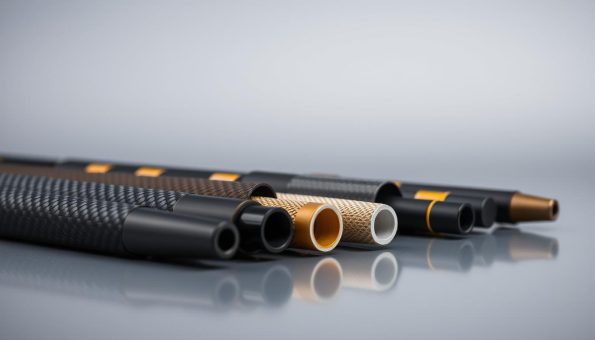 A detailed close-up view of various trekking pole materials, shot in a professional studio setting with even, diffused lighting. In the foreground, a selection of trekking pole sections made from carbon fiber, aluminum, and composite materials are neatly arranged on a sleek, reflective surface. The middle ground showcases the unique textures and weave patterns of the different materials, while the background fades to a subtle, neutral tone that allows the materials to take center stage. The overall composition highlights the technical aspects and design innovations of these high-quality trekking pole components.