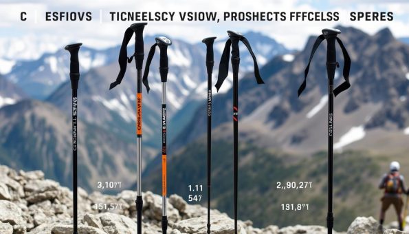 A detailed comparison of different trekking pole weights, showcasing the FiTiFT 3K Carbon Fiber Poles. Set against a rugged, outdoor backdrop, the poles are displayed in the foreground, with a clean, well-lit, and organized presentation. The middle ground features various other trekking pole models, highlighting the relative weight differences. The background depicts a scenic mountainous landscape, conveying the intended use and setting for these high-performance hiking accessories. The overall composition emphasizes the technical specifications and performance attributes of the FiTiFT 3K Carbon Fiber Poles within the broader context of the trekking pole market.
