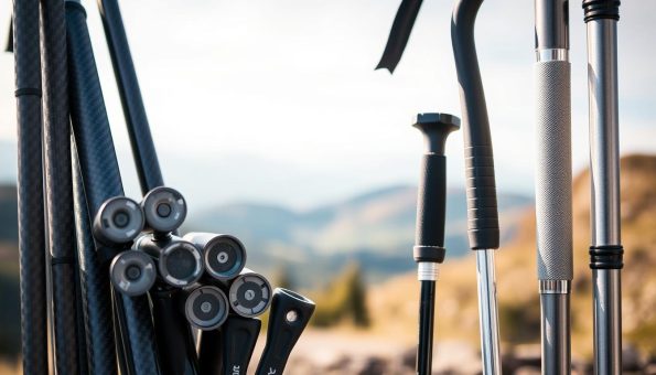 A detailed comparison of trekking pole materials, showcasing the distinctive attributes of carbon fiber and aluminum. In the foreground, an arrangement of various trekking pole segments, highlighting their unique textures and cross-sections. In the middle ground, a focused close-up of the pole handles, revealing the ergonomic designs and grip materials. The background depicts a serene outdoor landscape, hinting at the environments where these poles are utilized. Soft, diffused lighting accentuates the materials' properties, with a subtle warm tone complementing the natural setting. The overall composition aims to provide an informative and visually engaging overview of the key considerations in selecting trekking pole materials. A detailed comparison of trekking pole materials, showcasing the distinctive attributes of carbon fiber and aluminum. In the foreground, an arrangement of various trekking pole segments, highlighting their unique textures and cross-sections. In the middle ground, a focused close-up of the pole handles, revealing the ergonomic designs and grip materials. The background depicts a serene outdoor landscape, hinting at the environments where these poles are utilized. Soft, diffused lighting accentuates the materials' properties, with a subtle warm tone complementing the natural setting. The overall composition aims to provide an informative and visually engaging overview of the key considerations in selecting trekking pole materials.