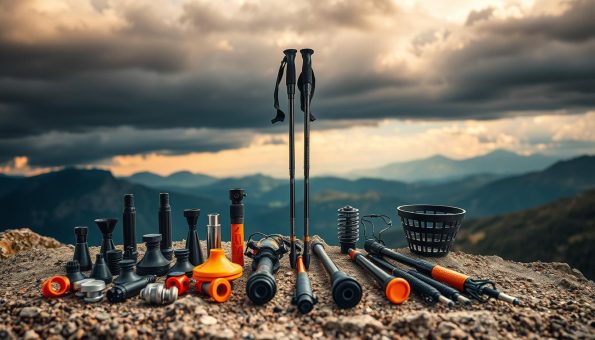 A detailed still life scene of various trekking pole accessories arranged on a rugged outdoor surface. In the foreground, an array of interchangeable tips, baskets, and shock absorbers in a variety of materials and designs. In the middle ground, the poles themselves, sleek and lightweight 3K carbon fiber with ergonomic grips. In the background, a panoramic mountain landscape under a dramatic cloudy sky, lit by warm natural light. The accessories convey a sense of adaptability and customization to different terrains, complementing the high-quality construction of the trekking poles. A detailed still life scene of various trekking pole accessories arranged on a rugged outdoor surface. In the foreground, an array of interchangeable tips, baskets, and shock absorbers in a variety of materials and designs. In the middle ground, the poles themselves, sleek and lightweight 3K carbon fiber with ergonomic grips. In the background, a panoramic mountain landscape under a dramatic cloudy sky, lit by warm natural light. The accessories convey a sense of adaptability and customization to different terrains, complementing the high-quality construction of the trekking poles.