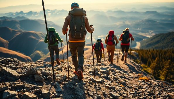 A group of hikers traversing a rugged mountain trail, each carrying a pair of sturdy carbon fiber trekking poles. The poles are extended, providing stability and support as they navigate uneven terrain. In the foreground, a hiker carefully plants a pole, testing its grip on the rocky surface. The middle ground reveals a panoramic vista of rolling hills and snow-capped peaks, bathed in warm, golden sunlight. In the distance, the trail winds through a lush, verdant forest, hinting at the journey ahead. The scene conveys a sense of adventure, exploration, and the joy of connecting with nature through the aid of reliable, high-quality trekking equipment. A group of hikers traversing a rugged mountain trail, each carrying a pair of sturdy carbon fiber trekking poles. The poles are extended, providing stability and support as they navigate uneven terrain. In the foreground, a hiker carefully plants a pole, testing its grip on the rocky surface. The middle ground reveals a panoramic vista of rolling hills and snow-capped peaks, bathed in warm, golden sunlight. In the distance, the trail winds through a lush, verdant forest, hinting at the journey ahead. The scene conveys a sense of adventure, exploration, and the joy of connecting with nature through the aid of reliable, high-quality trekking equipment.