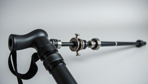 A high-quality close-up image of the disassembled components of a modern 3k carbon fiber trekking pole, shot in natural daylight with a macro lens. The foreground shows the pole shaft, grip, wrist strap, and various metal fittings in crisp detail. The middle ground includes the internal shock-absorbing mechanism and locking system. The background is a simple, uncluttered studio setup with a muted, neutral color palette to highlight the technical details. The overall mood is one of precision engineering and durable, high-performance design. A high-quality close-up image of the disassembled components of a modern 3k carbon fiber trekking pole, shot in natural daylight with a macro lens. The foreground shows the pole shaft, grip, wrist strap, and various metal fittings in crisp detail. The middle ground includes the internal shock-absorbing mechanism and locking system. The background is a simple, uncluttered studio setup with a muted, neutral color palette to highlight the technical details. The overall mood is one of precision engineering and durable, high-performance design.