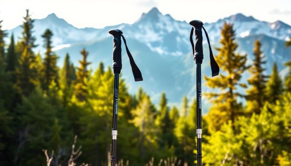 A high-quality, detailed image of REI Flash Carbon Compact trekking poles in a natural outdoor setting. The poles are positioned in the foreground, showcasing their sleek carbon fiber construction and adjustable length features. The middle ground features a lush, verdant forest backdrop, with sunlight filtering through the trees and casting a warm, golden glow on the poles. The background is a majestic mountain range, with snow-capped peaks reaching towards the sky. The overall scene conveys a sense of adventure, durability, and the high-performance capabilities of the REI Flash Carbon Compact trekking poles. The image is captured with a wide-angle lens, creating a sense of depth and immersion for the viewer. A high-quality, detailed image of REI Flash Carbon Compact trekking poles in a natural outdoor setting. The poles are positioned in the foreground, showcasing their sleek carbon fiber construction and adjustable length features. The middle ground features a lush, verdant forest backdrop, with sunlight filtering through the trees and casting a warm, golden glow on the poles. The background is a majestic mountain range, with snow-capped peaks reaching towards the sky. The overall scene conveys a sense of adventure, durability, and the high-performance capabilities of the REI Flash Carbon Compact trekking poles. The image is captured with a wide-angle lens, creating a sense of depth and immersion for the viewer.