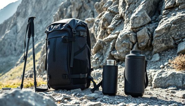 A high-resolution image of a collection of sleek and durable carbon fiber outdoor gear, including a backpack, hiking poles, and a water bottle holder, set against a rugged, mountainous backdrop. The gear is showcased in a well-lit, natural environment, with soft shadows and highlights accentuating the intricate weave patterns and matte finish of the carbon fiber. The composition emphasizes the lightweight, yet sturdy nature of the products, conveying a sense of adventure and exploration. The overall mood is one of minimalist elegance and high-performance functionality.