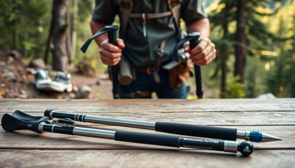 A hiker carefully examining a pair of trekking poles in a well-lit outdoor scene. In the foreground, two different pole models - one carbon fiber and one aluminum - are laid out side-by-side on a wooden surface, allowing for close inspection of their materials, grips, and features. The middle ground shows the hiker, wearing hiking gear, thoughtfully considering the poles and weighing the pros and cons of each. The background features a lush, verdant forest landscape, hinting at the adventurous journey ahead. Soft, natural lighting casts a warm, inviting glow over the entire scene, capturing the tranquility and deliberation of the decision-making process. A hiker carefully examining a pair of trekking poles in a well-lit outdoor scene. In the foreground, two different pole models - one carbon fiber and one aluminum - are laid out side-by-side on a wooden surface, allowing for close inspection of their materials, grips, and features. The middle ground shows the hiker, wearing hiking gear, thoughtfully considering the poles and weighing the pros and cons of each. The background features a lush, verdant forest landscape, hinting at the adventurous journey ahead. Soft, natural lighting casts a warm, inviting glow over the entire scene, capturing the tranquility and deliberation of the decision-making process.