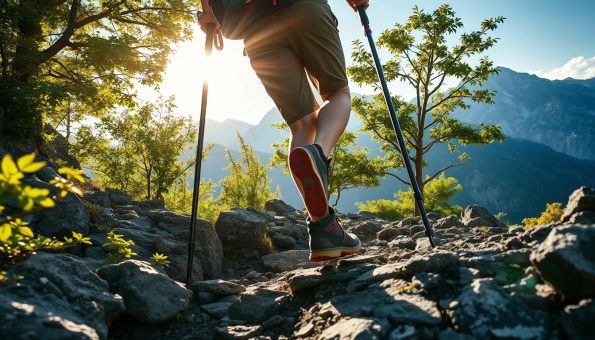 A hiker navigates a rugged mountain trail, their 3k carbon fiber trekking poles firmly gripping the rocky terrain. Sunlight filters through the lush foliage, casting a warm glow on the scene. The poles flex and pivot, providing stability and support as the hiker ascends the winding path. In the background, majestic peaks rise, hinting at the challenges and vistas that lie ahead. The image captures the performance and durability of the poles, showcasing their ability to enhance the hiking experience in a stunning natural setting.