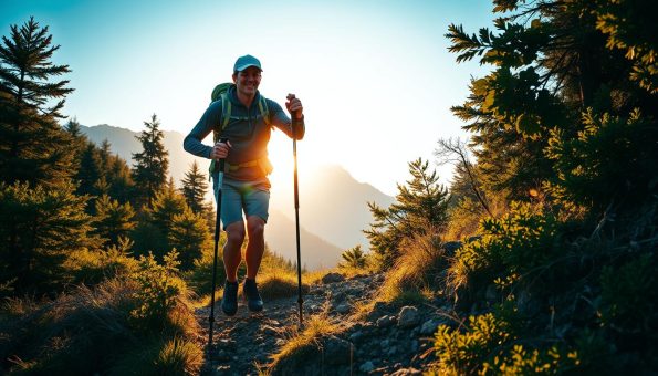 A hiker navigates uneven terrain, their stability bolstered by a pair of sturdy trekking poles. The poles, crafted from gleaming carbon fiber, thrust powerfully into the earth with each step, providing sure-footed support and balance. The hiker's gaze is focused, their expression determined, as they ascend a winding mountain trail. Warm, diffused sunlight filters through the verdant canopy, casting a gentle glow over the scene. In the distance, rugged peaks rise, hinting at the adventurous journey ahead. This image captures the essential role of trekking poles in enhancing a hiker's stability and confidence on challenging outdoor trails. A hiker navigates uneven terrain, their stability bolstered by a pair of sturdy trekking poles. The poles, crafted from gleaming carbon fiber, thrust powerfully into the earth with each step, providing sure-footed support and balance. The hiker's gaze is focused, their expression determined, as they ascend a winding mountain trail. Warm, diffused sunlight filters through the verdant canopy, casting a gentle glow over the scene. In the distance, rugged peaks rise, hinting at the adventurous journey ahead. This image captures the essential role of trekking poles in enhancing a hiker's stability and confidence on challenging outdoor trails.