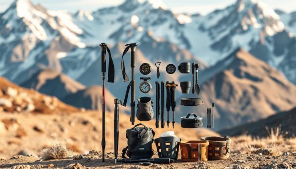 A meticulously crafted collection of trekking pole accessories lies against a backdrop of rugged, snow-capped mountains. In the foreground, a pair of sturdy, carbon fiber trekking poles stand upright, adorned with a variety of attachments - from ergonomic grips and shock-absorbing tips to convenient wrist straps and adjustable length mechanisms. In the middle ground, an array of complementary accessories is neatly arranged, including a compass, a hydration system, and a set of interchangeable baskets designed for traversing different terrains. The overall scene is bathed in a warm, golden light, creating a sense of adventure and functionality, perfectly suited for the avid trekker. A meticulously crafted collection of trekking pole accessories lies against a backdrop of rugged, snow-capped mountains. In the foreground, a pair of sturdy, carbon fiber trekking poles stand upright, adorned with a variety of attachments - from ergonomic grips and shock-absorbing tips to convenient wrist straps and adjustable length mechanisms. In the middle ground, an array of complementary accessories is neatly arranged, including a compass, a hydration system, and a set of interchangeable baskets designed for traversing different terrains. The overall scene is bathed in a warm, golden light, creating a sense of adventure and functionality, perfectly suited for the avid trekker.