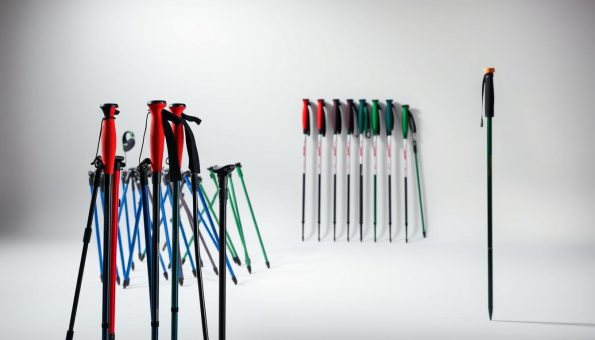 A meticulously crafted display of custom trekking pole color options, showcased in a well-lit, professional studio setting. In the foreground, an assortment of trekking poles in a variety of vivid hues, including vibrant red, deep blue, earthy green, and sleek black, arranged in an engaging, visually striking composition. The middle ground features a clean, minimalist backdrop, allowing the poles to take center stage. Subtle, directional lighting accentuates the textural details and glossy finishes of the carbon fiber construction, creating a sense of depth and dimension. The overall mood is one of precision, quality, and a wide range of personalization options, perfectly complementing the "Customization Options and Product Variations" section of the article.