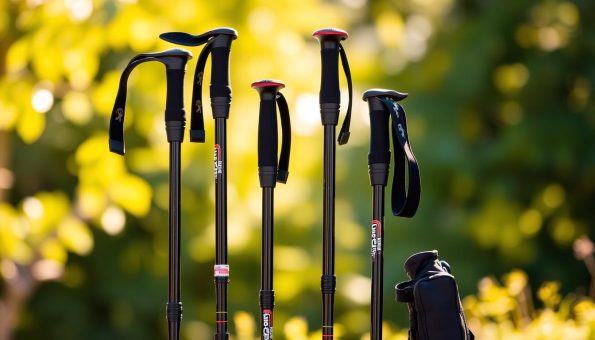 A meticulously crafted set of versatile trekking poles, their carbon fiber shafts gleaming under a warm natural light. Ergonomic grips and adjustable wrist straps offer comfort and support, while the robust accessories - durable tips, sturdy snow baskets, and a compact carrying case - showcase their versatility. The poles are arranged in the foreground, their sleek silhouettes standing tall against a blurred, serene backdrop of lush greenery, hinting at the adventurous pursuits they are built to endure. This image exudes a sense of rugged reliability and the promise of conquering any terrain, perfectly capturing the essence of the "Perfect for Every Adventure" section.
