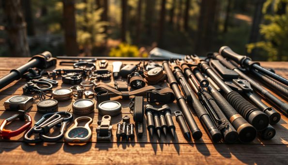 A meticulously detailed closeup of an array of rugged hiking pole accessories laid out on a wooden surface, illuminated by warm, natural daylight. In the foreground, various carabiners, compasses, and small emergency tools are arranged neatly. The middle ground showcases an assortment of adjustable straps, grip handles, and specialized tips for different terrain. In the background, a blurred forest scene hints at the adventurous outdoors. The overall scene conveys a sense of practicality, durability, and preparedness for an active, nature-immersed lifestyle. A meticulously detailed closeup of an array of rugged hiking pole accessories laid out on a wooden surface, illuminated by warm, natural daylight. In the foreground, various carabiners, compasses, and small emergency tools are arranged neatly. The middle ground showcases an assortment of adjustable straps, grip handles, and specialized tips for different terrain. In the background, a blurred forest scene hints at the adventurous outdoors. The overall scene conveys a sense of practicality, durability, and preparedness for an active, nature-immersed lifestyle.