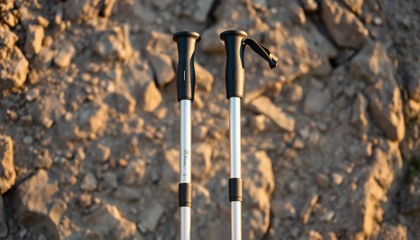 A pair of durable, aluminum trekking poles stand upright against a rugged, rocky backdrop. The poles' sleek, silver shafts and sturdy, rubberized grips convey a sense of strength and reliability. Subtle patterns of wear on the metal surfaces hint at their history of outdoor adventures. Warm, natural lighting casts gentle shadows, highlighting the utilitarian, yet elegant design. The poles are positioned to emphasize their functionality, ready to support the weight of a hiker navigating a challenging trail. An atmosphere of resilience and dependability pervades the scene, reflecting the practical, affordable nature of aluminum as a material for outdoor gear. A pair of durable, aluminum trekking poles stand upright against a rugged, rocky backdrop. The poles' sleek, silver shafts and sturdy, rubberized grips convey a sense of strength and reliability. Subtle patterns of wear on the metal surfaces hint at their history of outdoor adventures. Warm, natural lighting casts gentle shadows, highlighting the utilitarian, yet elegant design. The poles are positioned to emphasize their functionality, ready to support the weight of a hiker navigating a challenging trail. An atmosphere of resilience and dependability pervades the scene, reflecting the practical, affordable nature of aluminum as a material for outdoor gear.