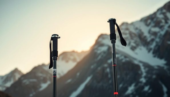 A pair of high-quality 3K carbon fiber trekking poles stand proudly against a backdrop of rugged, snow-capped mountains. The poles gleam in the warm, golden light, their intricate weave pattern and sleek silhouette showcasing the exceptional craftsmanship. The scene is captured from a low, dynamic angle, emphasizing the poles' strength and resilience. The image conveys a sense of adventure and the promise of an exceptional outdoor experience, perfectly suited for the "Product Overview" section of the article on China's premium carbon fiber trekking poles. A pair of high-quality 3K carbon fiber trekking poles stand proudly against a backdrop of rugged, snow-capped mountains. The poles gleam in the warm, golden light, their intricate weave pattern and sleek silhouette showcasing the exceptional craftsmanship. The scene is captured from a low, dynamic angle, emphasizing the poles' strength and resilience. The image conveys a sense of adventure and the promise of an exceptional outdoor experience, perfectly suited for the "Product Overview" section of the article on China's premium carbon fiber trekking poles.