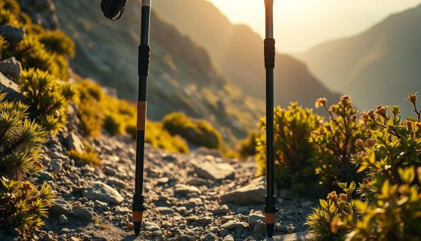 A pair of sleek 3k carbon fiber trekking poles with cork grips, planted firmly on a rugged mountain trail. The poles glint in the warm, diffuse sunlight, casting long shadows across the rocky path. Lush alpine vegetation frames the scene, hinting at the breathtaking vistas just out of frame. The poles' quick-lock mechanisms are visible, showcasing their practical, easy-to-use design. The overall mood is one of adventurous exploration, with the poles serving as trusted companions on an invigorating trek through the wilderness. A pair of sleek 3k carbon fiber trekking poles with cork grips, planted firmly on a rugged mountain trail. The poles glint in the warm, diffuse sunlight, casting long shadows across the rocky path. Lush alpine vegetation frames the scene, hinting at the breathtaking vistas just out of frame. The poles' quick-lock mechanisms are visible, showcasing their practical, easy-to-use design. The overall mood is one of adventurous exploration, with the poles serving as trusted companions on an invigorating trek through the wilderness.