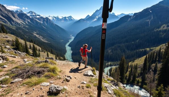 A pair of sleek carbon fiber trekking poles stand in the foreground, their intricate construction and lightweight design clearly visible. In the middle ground, a hiker strides confidently through a rugged mountain trail, the poles providing sturdy support and stability with each step. The surrounding landscape is a breathtaking panorama of towering peaks, lush forests, and a crystal-clear stream winding through the valley below. Bright, directional lighting casts dramatic shadows, highlighting the precision engineering and performance capabilities of the trekking poles. The overall scene conveys a sense of adventure, endurance, and the sheer power of high-quality outdoor equipment to enhance the trekking experience. A pair of sleek carbon fiber trekking poles stand in the foreground, their intricate construction and lightweight design clearly visible. In the middle ground, a hiker strides confidently through a rugged mountain trail, the poles providing sturdy support and stability with each step. The surrounding landscape is a breathtaking panorama of towering peaks, lush forests, and a crystal-clear stream winding through the valley below. Bright, directional lighting casts dramatic shadows, highlighting the precision engineering and performance capabilities of the trekking poles. The overall scene conveys a sense of adventure, endurance, and the sheer power of high-quality outdoor equipment to enhance the trekking experience.