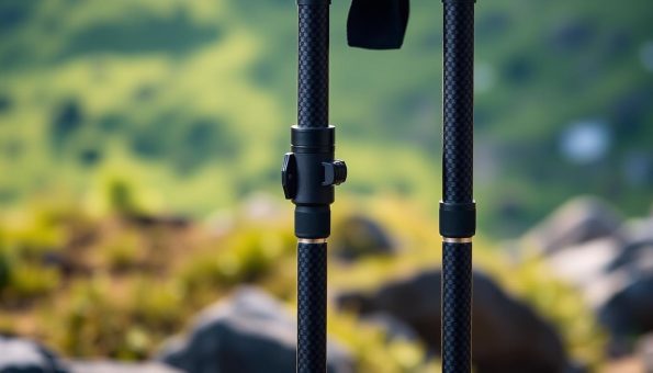 A pair of sleek, carbon fiber trekking poles stand prominently in the foreground, their intricate weave pattern casting a subtle sheen under soft, directional lighting. In the middle ground, the poles are equipped with sturdy, quick-lock mechanisms, highlighting their durability and ease of use. The background fades into a serene, nature-inspired setting, with a lush, verdant landscape and a hint of rocky terrain, evoking the adventurous spirit of outdoor exploration. The overall composition conveys a sense of strength, practicality, and an appreciation for high-quality, functional design.