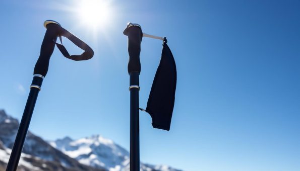 A pair of ultralight carbon fiber trekking poles stand in a serene mountain landscape. The poles have a sleek, minimalist design with a matte black finish, accented by silver hardware. Sunlight glints off the smooth carbon fiber surface, highlighting the material's inherent strength and lightweight properties. In the background, snow-capped peaks rise against a vibrant blue sky, conveying a sense of high-altitude adventure. The poles are captured at a low angle, emphasizing their sturdy yet elegant form. The overall scene evokes the lightweight performance and durability that carbon fiber trekking poles offer for traversing rugged terrain. A pair of ultralight carbon fiber trekking poles stand in a serene mountain landscape. The poles have a sleek, minimalist design with a matte black finish, accented by silver hardware. Sunlight glints off the smooth carbon fiber surface, highlighting the material's inherent strength and lightweight properties. In the background, snow-capped peaks rise against a vibrant blue sky, conveying a sense of high-altitude adventure. The poles are captured at a low angle, emphasizing their sturdy yet elegant form. The overall scene evokes the lightweight performance and durability that carbon fiber trekking poles offer for traversing rugged terrain.