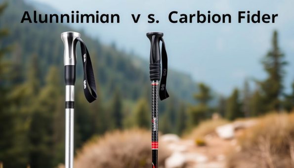 A professional, high-quality comparison shot of two trekking poles, one aluminum and one carbon fiber, set against a natural outdoor backdrop. The poles are displayed in the foreground, with clean lighting highlighting their distinctive materials, textures, and design features. The middle ground showcases a serene wilderness setting, such as a lush forest or a mountainous landscape, to evoke the adventurous spirit of outdoor activities. The background maintains a soft, atmospheric focus, allowing the trekking poles to take center stage. The overall image conveys a sense of balance, technical precision, and the practical considerations in choosing the right trekking pole for an outdoor adventure. A professional, high-quality comparison shot of two trekking poles, one aluminum and one carbon fiber, set against a natural outdoor backdrop. The poles are displayed in the foreground, with clean lighting highlighting their distinctive materials, textures, and design features. The middle ground showcases a serene wilderness setting, such as a lush forest or a mountainous landscape, to evoke the adventurous spirit of outdoor activities. The background maintains a soft, atmospheric focus, allowing the trekking poles to take center stage. The overall image conveys a sense of balance, technical precision, and the practical considerations in choosing the right trekking pole for an outdoor adventure.