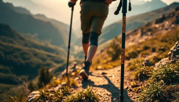 A rugged hiker ascending a winding mountain trail, their trekking poles providing unwavering stability and support. In the foreground, the poles' sturdy construction and ergonomic grip are clearly visible, conveying a sense of dependability. The middle ground features the hiker's confident stride, with the poles seamlessly integrating into their natural movements. In the background, a vast, awe-inspiring landscape of towering peaks and lush, verdant foliage sets the scene, highlighting the importance of reliable equipment in such challenging terrain. Warm, directional lighting casts dramatic shadows, emphasizing the interplay between the hiker, the poles, and the surrounding environment. The overall atmosphere exudes a sense of adventure, resilience, and the essential role trekking poles play in a successful and safe hiking experience. A rugged hiker ascending a winding mountain trail, their trekking poles providing unwavering stability and support. In the foreground, the poles' sturdy construction and ergonomic grip are clearly visible, conveying a sense of dependability. The middle ground features the hiker's confident stride, with the poles seamlessly integrating into their natural movements. In the background, a vast, awe-inspiring landscape of towering peaks and lush, verdant foliage sets the scene, highlighting the importance of reliable equipment in such challenging terrain. Warm, directional lighting casts dramatic shadows, emphasizing the interplay between the hiker, the poles, and the surrounding environment. The overall atmosphere exudes a sense of adventure, resilience, and the essential role trekking poles play in a successful and safe hiking experience.