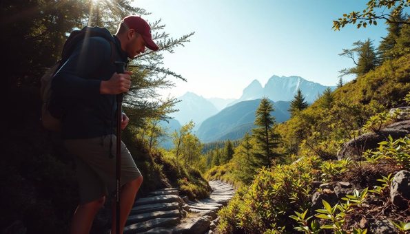 A rugged mountain trail winds through lush, verdant foliage. In the foreground, a hiker carefully tests a pair of carbon fiber trekking poles, their sleek design and sturdy grip providing stability and support on the uneven terrain. Sunlight filters through the canopy, casting a warm, natural glow on the scene. The hiker's movements are captured in sharp detail, showcasing the poles' flexibility and responsiveness as they navigate the trail. In the middle ground, towering peaks rise majestically, their snow-capped summits glistening in the distance. The atmosphere is one of adventure, exploration, and a deep connection with the natural world.