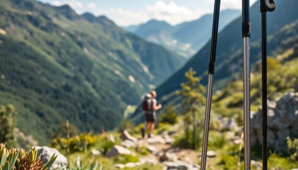 A serene mountainous landscape with lush greenery, rocky terrain, and a clear sky. In the foreground, a pair of trekking poles stand upright, their sturdy aluminum or carbon fiber frames gleaming in the soft natural lighting. The poles are equipped with rubber tips and adjustable straps, indicating their versatility and practicality for outdoor adventures. In the middle ground, a hiker strides confidently, their posture upright and their steps stabilized by the trusty trekking poles. The image conveys the benefits of using these essential tools, such as improved balance, reduced strain on the knees, and enhanced stability on uneven ground, all set against the breathtaking backdrop of a picturesque mountain trail. A serene mountainous landscape with lush greenery, rocky terrain, and a clear sky. In the foreground, a pair of trekking poles stand upright, their sturdy aluminum or carbon fiber frames gleaming in the soft natural lighting. The poles are equipped with rubber tips and adjustable straps, indicating their versatility and practicality for outdoor adventures. In the middle ground, a hiker strides confidently, their posture upright and their steps stabilized by the trusty trekking poles. The image conveys the benefits of using these essential tools, such as improved balance, reduced strain on the knees, and enhanced stability on uneven ground, all set against the breathtaking backdrop of a picturesque mountain trail.