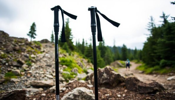 A side-by-side comparison of carbon fiber and aluminum trekking poles set against a rugged outdoor backdrop. In the foreground, the poles stand upright, their distinct materials and designs evident - the carbon fiber pole sleek and lightweight, the aluminum pole more robust and utilitarian. In the middle ground, a rocky trail winds through a lush, verdant forest, hinting at the adventurous terrain these poles are engineered to traverse. Soft, diffused lighting from an overcast sky creates an atmospheric, contemplative mood, drawing the viewer's eye to the nuanced details that differentiate these two high-performance hiking essentials. A side-by-side comparison of carbon fiber and aluminum trekking poles set against a rugged outdoor backdrop. In the foreground, the poles stand upright, their distinct materials and designs evident - the carbon fiber pole sleek and lightweight, the aluminum pole more robust and utilitarian. In the middle ground, a rocky trail winds through a lush, verdant forest, hinting at the adventurous terrain these poles are engineered to traverse. Soft, diffused lighting from an overcast sky creates an atmospheric, contemplative mood, drawing the viewer's eye to the nuanced details that differentiate these two high-performance hiking essentials.