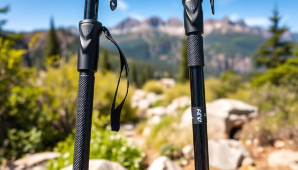 A side-by-side comparison of two high-quality carbon fiber trekking poles, illuminated by natural daylight in a serene outdoor setting. The foreground features the poles' distinct textures, intricate weave patterns, and sleek black finishes. The middle ground showcases the poles' adjustable lengths, sturdy construction, and ergonomic grips. The background blends lush greenery, rocky terrain, and a hint of a picturesque mountain landscape, creating a tranquil and adventurous atmosphere. The image captures the strength, versatility, and premium craftsmanship of these essential outdoor accessories. A side-by-side comparison of two high-quality carbon fiber trekking poles, illuminated by natural daylight in a serene outdoor setting. The foreground features the poles' distinct textures, intricate weave patterns, and sleek black finishes. The middle ground showcases the poles' adjustable lengths, sturdy construction, and ergonomic grips. The background blends lush greenery, rocky terrain, and a hint of a picturesque mountain landscape, creating a tranquil and adventurous atmosphere. The image captures the strength, versatility, and premium craftsmanship of these essential outdoor accessories.