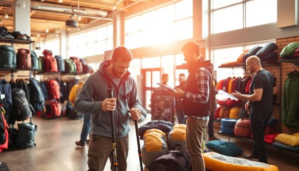 A sprawling outdoor outfitter's showroom, bathed in warm natural light from large windows. In the foreground, a customer examines a sleek carbon fiber trekking pole, testing its weight and grip. The middle ground showcases an array of backpacks, sleeping bags, and other adventure essentials neatly displayed. In the background, helpful staff assist others in navigating the seamless ordering process, from selecting the perfect gear to completing the transaction. The scene conveys a sense of excitement and preparedness for the journey ahead, reflecting the quality and convenience of the FiTiFT outdoor equipment supplier. A sprawling outdoor outfitter's showroom, bathed in warm natural light from large windows. In the foreground, a customer examines a sleek carbon fiber trekking pole, testing its weight and grip. The middle ground showcases an array of backpacks, sleeping bags, and other adventure essentials neatly displayed. In the background, helpful staff assist others in navigating the seamless ordering process, from selecting the perfect gear to completing the transaction. The scene conveys a sense of excitement and preparedness for the journey ahead, reflecting the quality and convenience of the FiTiFT outdoor equipment supplier.